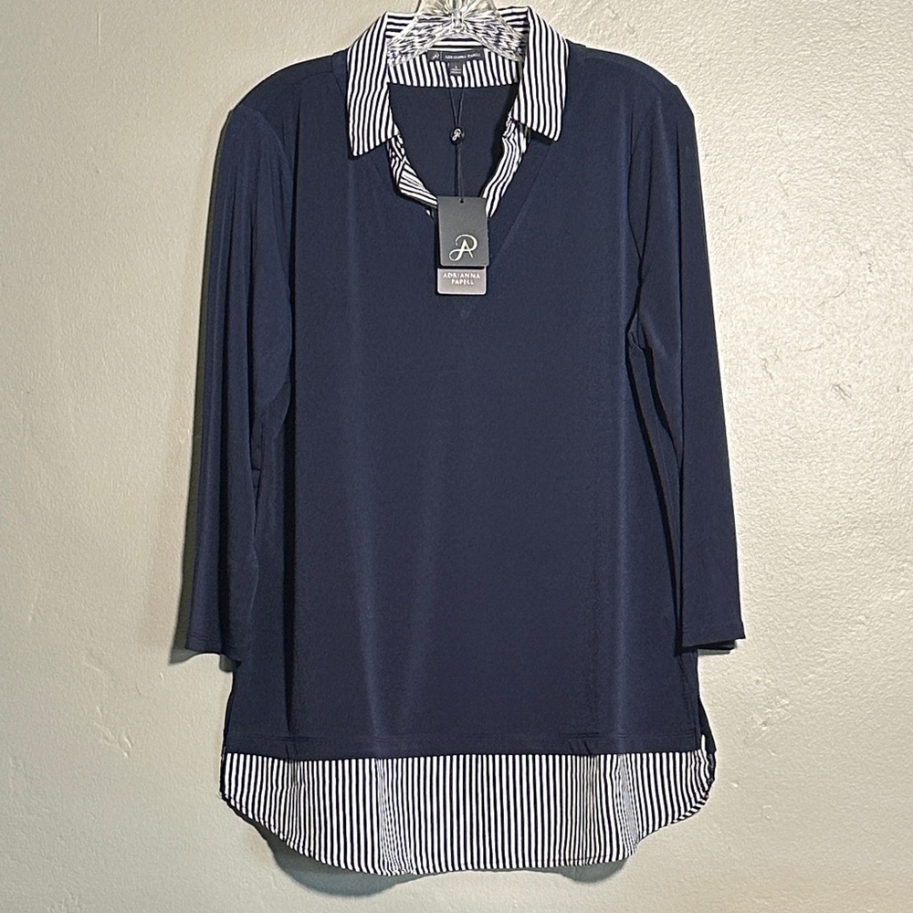 Adrianna Pappell Navy Blue Sweater with Striped Details NWT